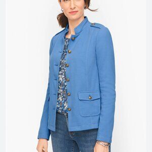 Talbots Knit Band Military Jacket Blue Preppy Mock Neck Long Sleeve NWT 8